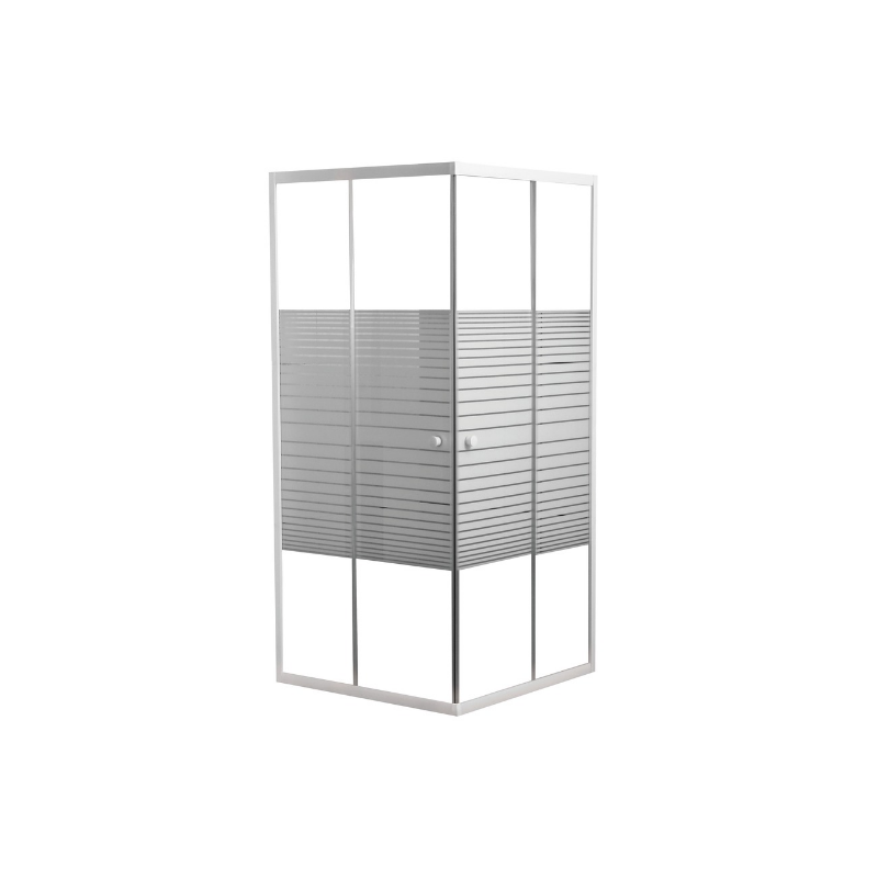 Banio Inga hoekinstap met schuifdeuren, wit gelakte profielen en 4mm helder glas met witte lijnen - 80x80x190cm
