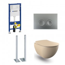 Geberit Duofix vrijstaande wc pack hangtoilet rimless cappucino met sproeier en chroom mat bedieningsplaat compleet