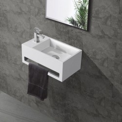 Banio solid surface lavabo porte-serviettes blanc avec trou pour robinet à gauche 35.8x20.5x15.7cm