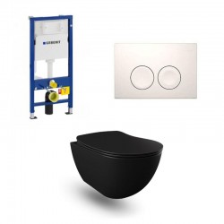 Geberit Duofix wc pack hangtoilet rimless mat zwart met sproeier en wit bedieningsplaat compleet