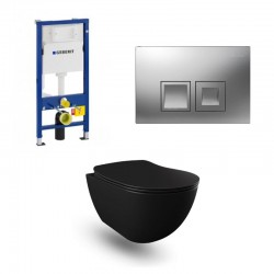 Geberit Duofix wc pack hangtoilet rimless mat zwart met sproeier en chroom bedieningsplaat compleet
