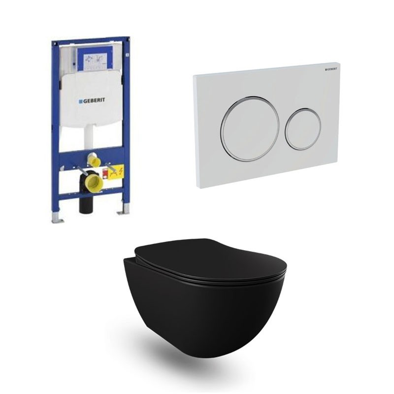 Geberit Duofix wc pack hangtoilet rimless mat zwart met sproeier en wit blinkend chroom bedieningsplaat compleet