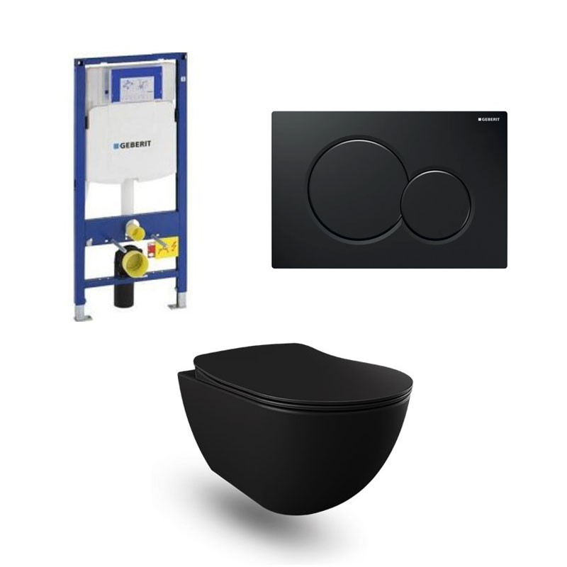 Geberit Duofix wc pack hangtoilet rimless mat zwart met sproeier en zwart bedieningsplaat compleet