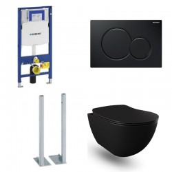 Geberit Duofix vrijstaande wc pack hangtoilet rimless mat zwart met sproeier en zwart bedieningsplaat compleet