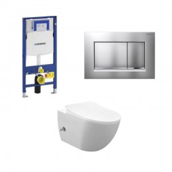 Geberit Duofix wc pack hangtoilet rimless wit met sproeier en koud water kraan mat chroom bedieningsplaat compleet