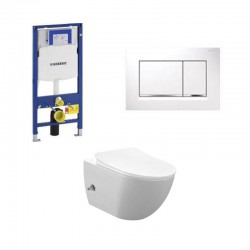 Geberit Duofix pack WC cuvette suspendu rimless blanc avec fonction bidet et robinet d'eau froide touche blanc complet