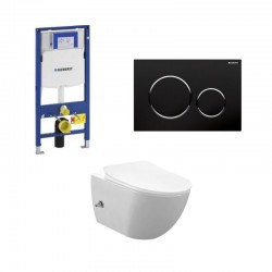 Geberit Duofix pack WC cuvette suspendu rimless blanc avec fonction bidet et robinet d'eau froide touche noir brillant complet