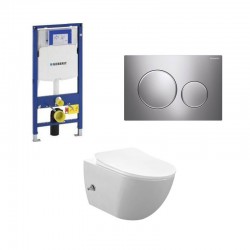 Geberit Duofix wc pack hangtoilet rimless wit met sproeier en koud water kraan blinkend chroom bedieningsplaat compleet