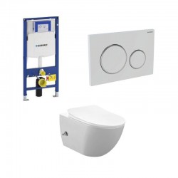 Geberit Duofix pack WC cuvette suspendu rimless blanc avec fonction bidet et robinet d'eau froide touche blanc chrome complet
