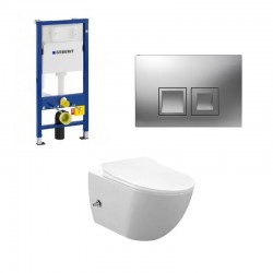 Geberit Duofix wc pack hangtoilet rimless wit met sproeier en warm/koud water kraan chroom bedieningsplaat compleet