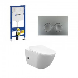 Geberit Duofix pack WC cuvette suspendu rimless blanc avec fonction bidet et robinet d'eau chaude/froide touche chrome complet