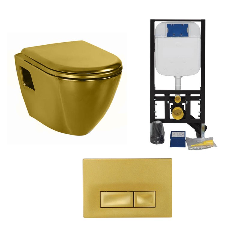 Banio pack WC suspendu design avec abattant softclose or et plaque