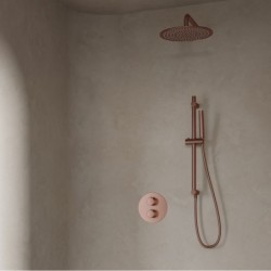Banio Cuivre thermostatique encastré ronde avec douche de tête 20 cm, bras mural et barre de douche en cuivre brossé