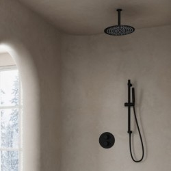 thermostatique encastré Banio Nero ronde avec douche de tête de 20 cm, bras de plafond et barre de douche noire mat