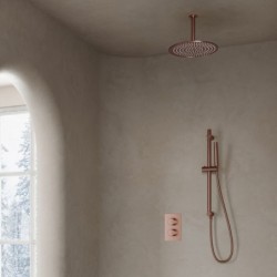 Douche à effet pluie encastrable Banio Copper avec tête de douche de 20 cm, bras au plafond et barre de douche en cuivre brossé